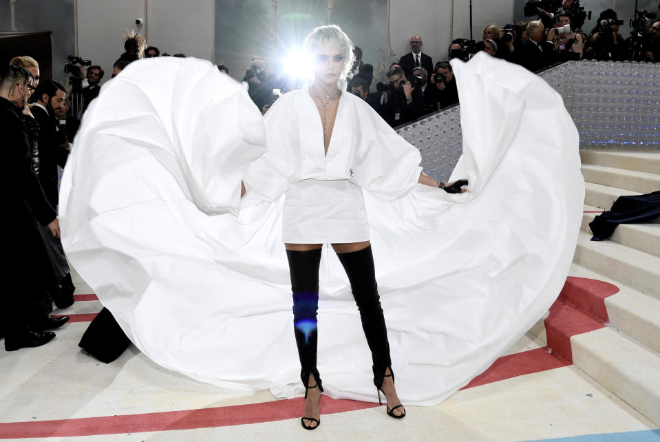 Cara Delevingne attends The Metropolitan Museum of Art's Costume Institute benefit gala celebrating the opening of the "Karl Lagerfeld: A Line of Beauty" exhibition on Monday, May 1, 2023, in New York. (Photo by Evan Agostini/Invision/AP)