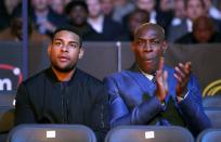 <p>Frank Bruno (right) and son Franklyn Bruno look on ahead of the big fight </p>