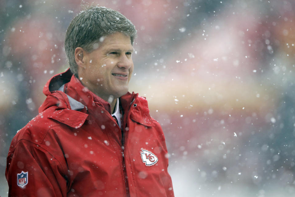 FILE - Clark Hunt, chairman and CEO of the Kansas City Chiefs, follows warmups before an NFL football game against the Denver Broncos, Sunday, Dec. 15, 2019, in Kansas City, Mo. Lamar Hunt was a champion of Black rights during the Civil Rights era of the 1960s. He grew up in conservative circles yet formed his own opinions of right and wrong. And when his football-loving son was born in 1965, those principles that Hunt instilled in his football franchise became instilled in Clark, who years later would succeed him as chairman of the Chiefs. (AP Photo/Charlie Riedel, File)