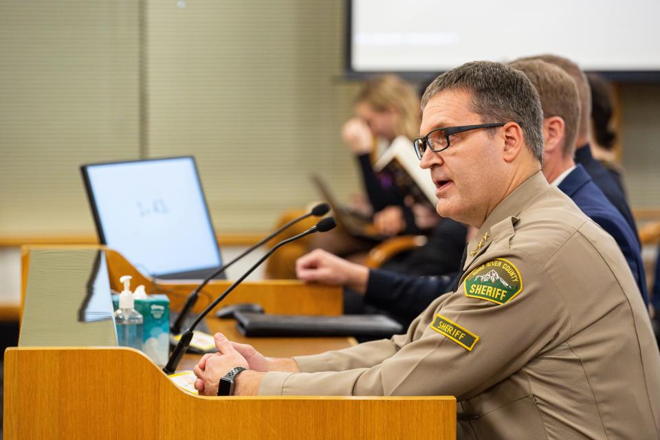 Hood River County Sheriff Matt English speaks in support of House Bill 4002 during the public hearing at the Oregon State Capitol on Monday, Feb. 27, 2024, in Salem, Ore.