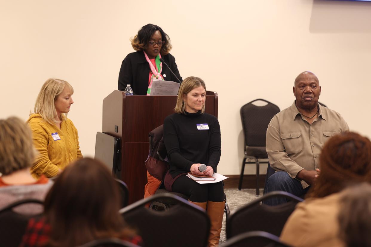 Dr. Geraldine Hayes Nelson, former president of the Portage County NAACP, moderates a panel on race and education with Kent City Schools teachers Christie Bates and Susan Louis, retired Kent teacher Joseph Shaw, and,  via a recorded interview, Theodore Roosevelt High School basketbal coach Curtis Black.