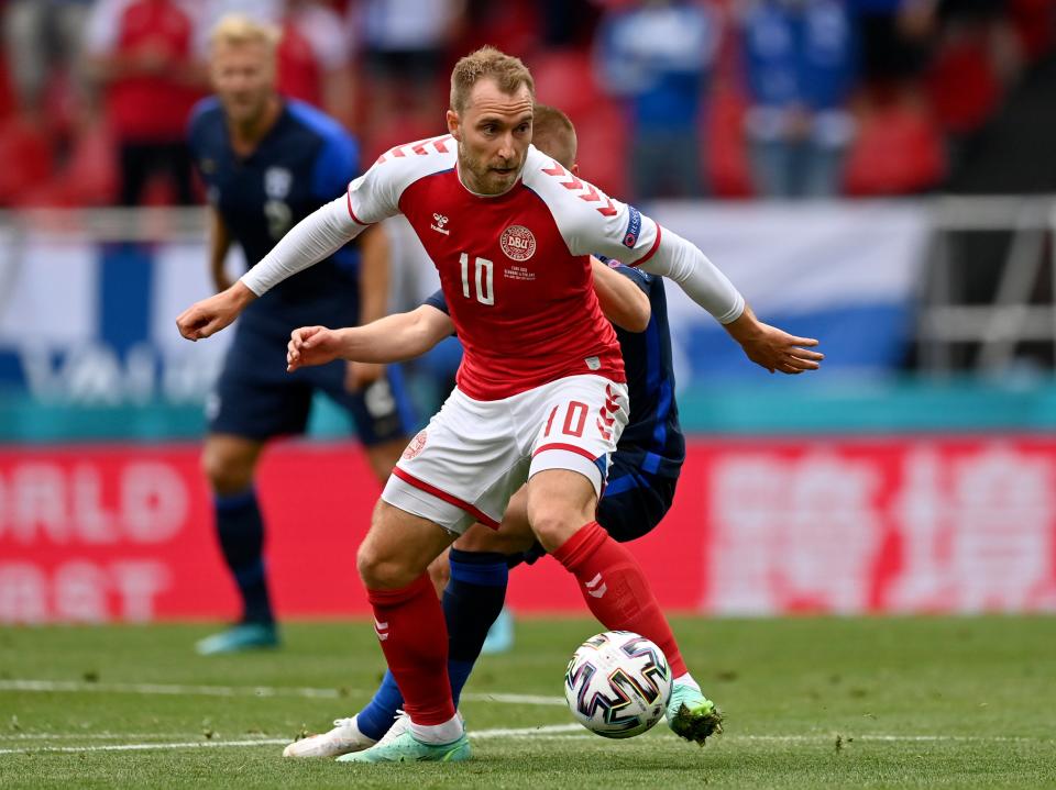 Christian Eriksen on the ball before his collapse during the Euro 2020 match between Denmark and Finland in Copenhagen (AP)