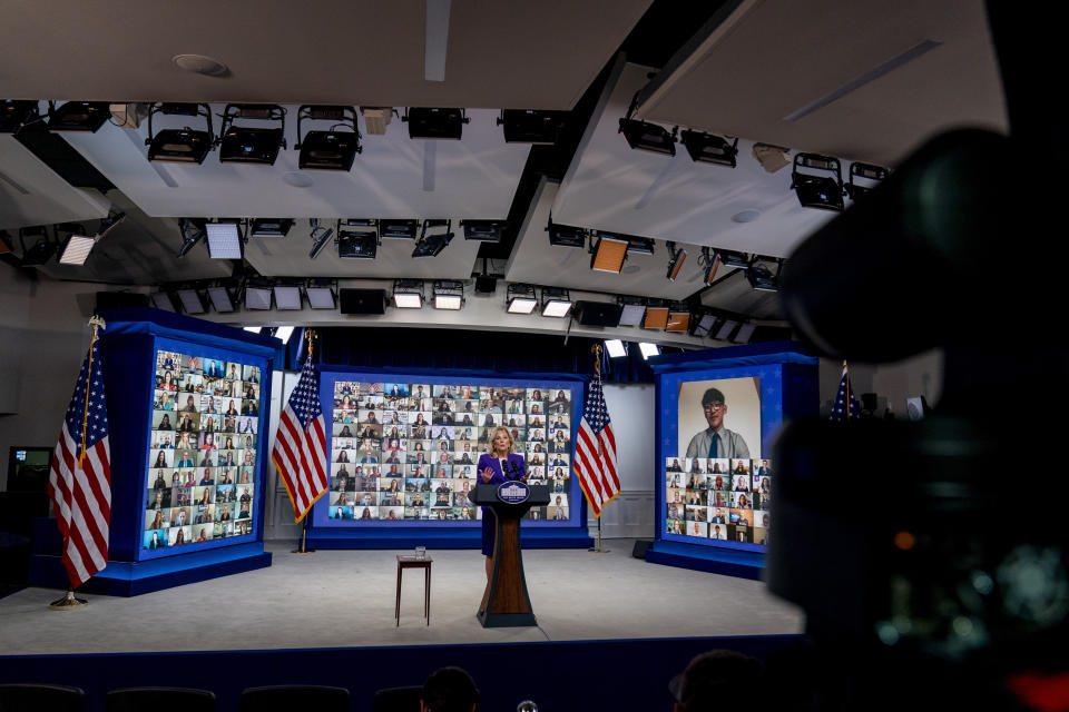 First lady Jill Biden speaks at a virtual event with military families from around the world as part of the White House initiative to support military and veteran families in the South Court Auditorium in the Eisenhower Executive Office Building on the White House Campus, Wednesday, April 7, 2021, in Washington. (AP Photo/Andrew Harnik)