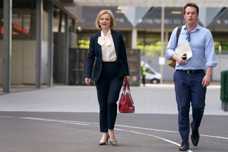 Conservative party leadership contender Liz Truss arrives at Here East studios in Stratford, east London, before the live television debate for the candidates for leadership of the Conservative party, hosted by Channel 4, in July 2022 (Victoria Jones/PA)