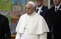 Pope Francis pays a visit to the Museum of Occupations and Freedom Fights, in Vilnius, Lithuania, Saturday, Sept. 22, 2018. Francis began his second day in the Baltics in Lithuania's second city, Kaunas, where an estimated 3,000 Jews survived out of a community of 37,000 during the 1941-1944 Nazi occupation. (AP Photo/Andrew Medichini)