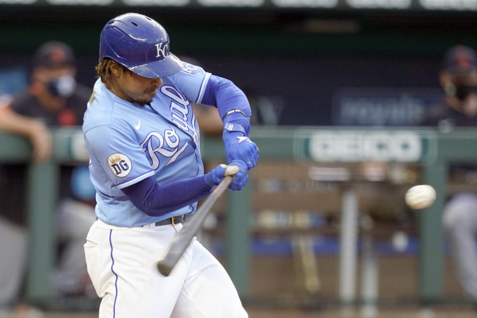 Kansas City Royals Adalberto Mondesi hits a solo home run off Detroit Tigers starting pitcher Matthew Boyd during the first inning of a baseball game at Kauffman Stadium in Kansas City, Mo., Saturday, Sept. 26, 2020. (AP Photo/Orlin Wagner)