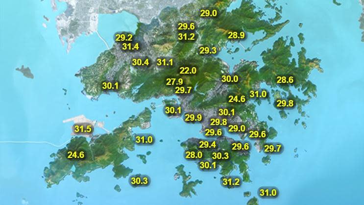 本港今日天氣預測大致天晴，但局部地區有驟雨。日間酷熱，市區最高氣溫約34度，新界再高一兩度。(香港天文台)