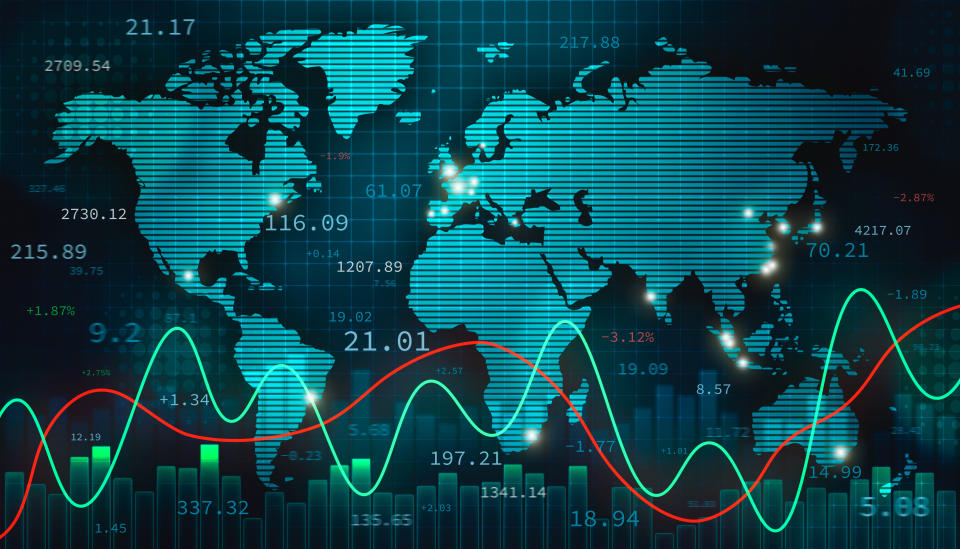 Stock foreign exchange or forex illustration with the world map, infographics and numbers. International finance, trade and economy concept.