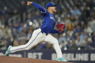 Toronto Blue Jays pitcher José Berríos throws against the Colorado Rockies during first-inning baseball game action in Toronto, Sunday, April 14, 2024. (Frank Gunn/The Canadian Press via AP)