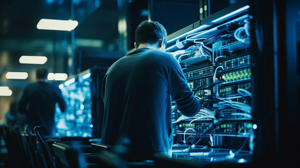 A close-up of a group of technicians working on complex data center systems.