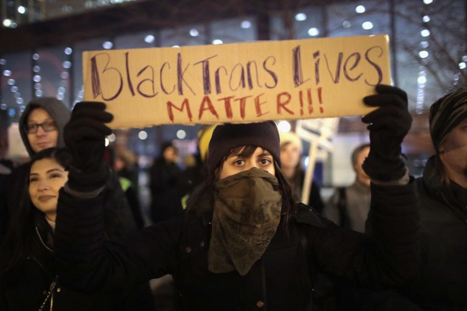 Demonstrators protest for transgender rights in Chicago on March 3, 2017.