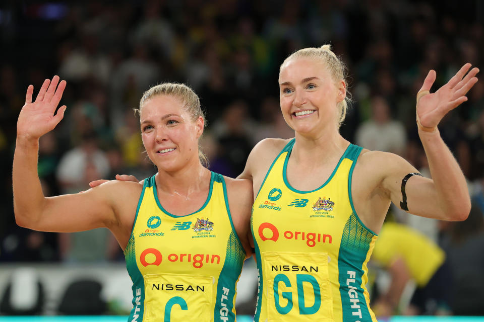 Kate Moloney and Jo Weston wave to the fans.