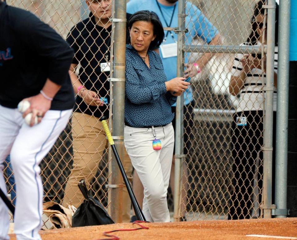 Miami Marlins general manager Kim Ng watches bullpen sessions at Roger Dean Chevrolet Stadium in Jupiter, Florida on Thursday, February 16, 2023.