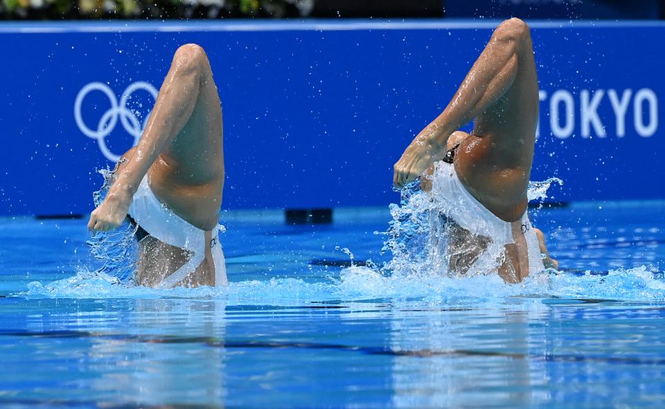 Mexico's Nuria Diosdado Garcia and Mexico's Joana Jimenez Garcia compete in the final of the women's duet free routine artistic swimming event during the Tokyo 2020 Olympic Games at the Tokyo Aquatics Centre in Tokyo on August 4, 2021. (Photo by Attila KISBENEDEK / AFP) (Photo by ATTILA KISBENEDEK/AFP via Getty Images)