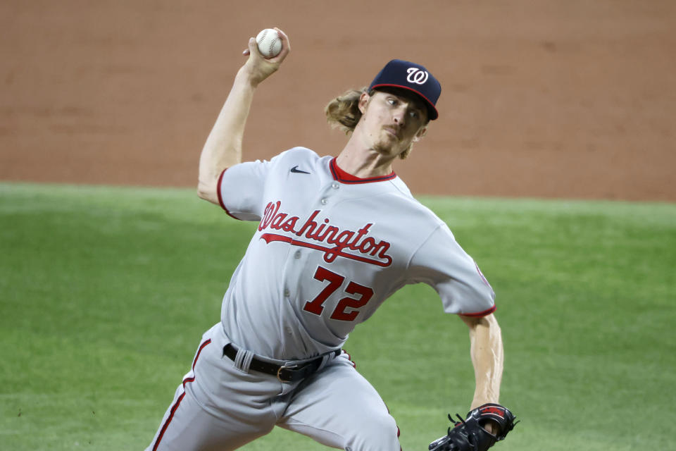 Washington Nationals starting pitcher Jackson Tetreault (72) pitches against the Texas Rangers during the first inning of a baseball game Sunday, June 26, 2022, in Arlington, Texas. (AP Photo/Michael Ainsworth)