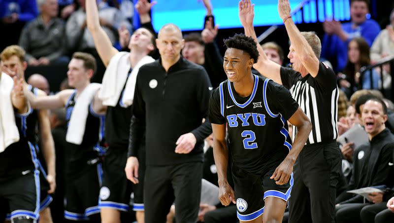 BYU guard Jaxson Robinson smiles after connecting on a 3-pointer against Fresno State play Friday, Dec. 1, 2023. BYU opens Big 12 play Saturday night, at home, against Cincinnati.