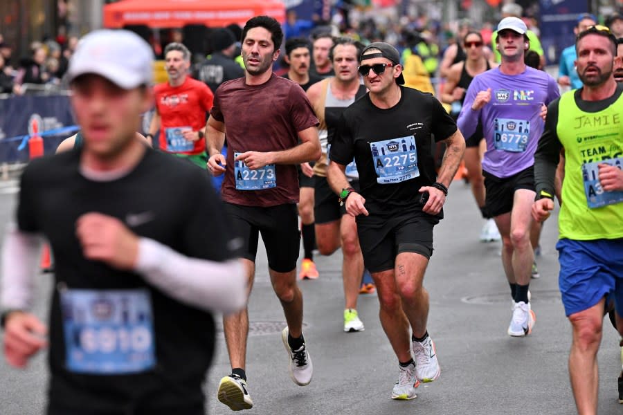 NEW YORK, NEW YORK – MARCH 17: Nev Schulman and Casey Neistat participate in the United Airlines NYC Half Marathon on March 17, 2024 in New York City. The course starts in Brooklyn and ends in Central Park in Manhattan. (Photo by Roy Rochlin/New York Road Runners via Getty Images)