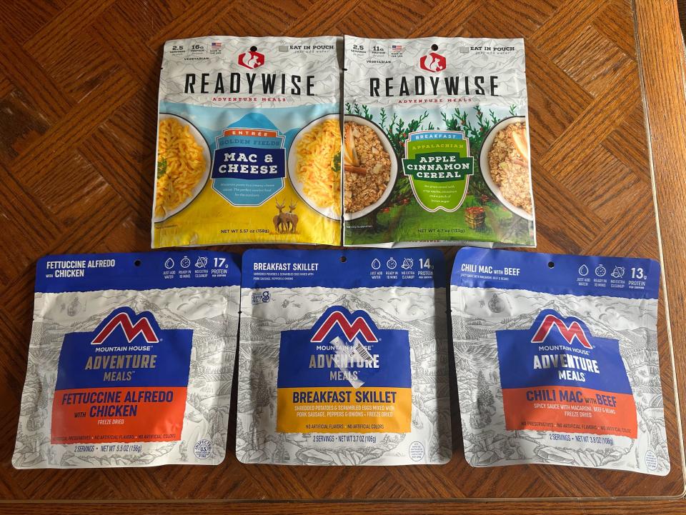 Meal pouches from Readywise and Mountain House.