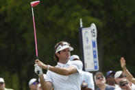 ubba Watson watches his tee shot on the 15th hole in the second round of the Zurich Classic at the TPC Louisiana course in Avondale, La., Friday, April 27, 2012. (AP Photo/Bill Haber)