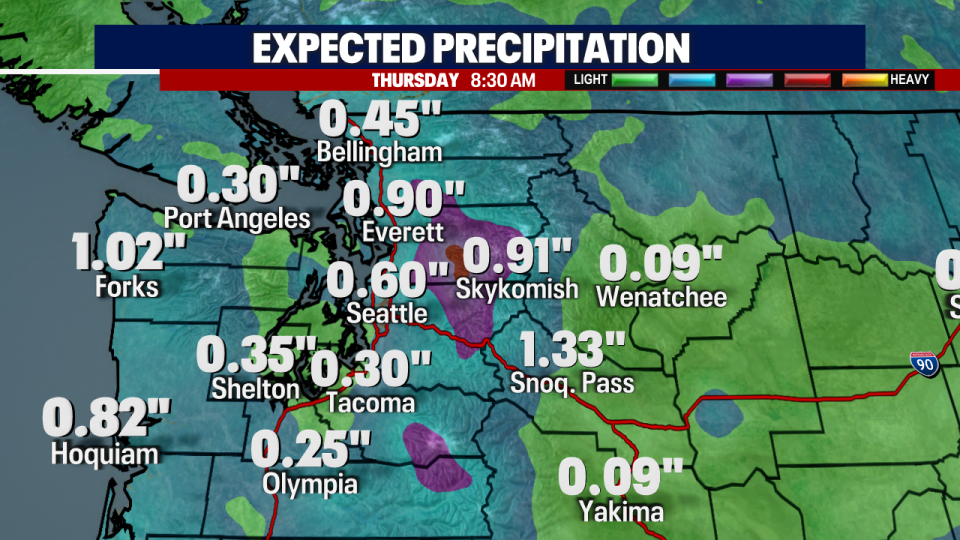 <div>A map showing the GRAF model's forecasted rainfall totals for Western Washington.</div> <strong>(FOX 13 Seattle)</strong>