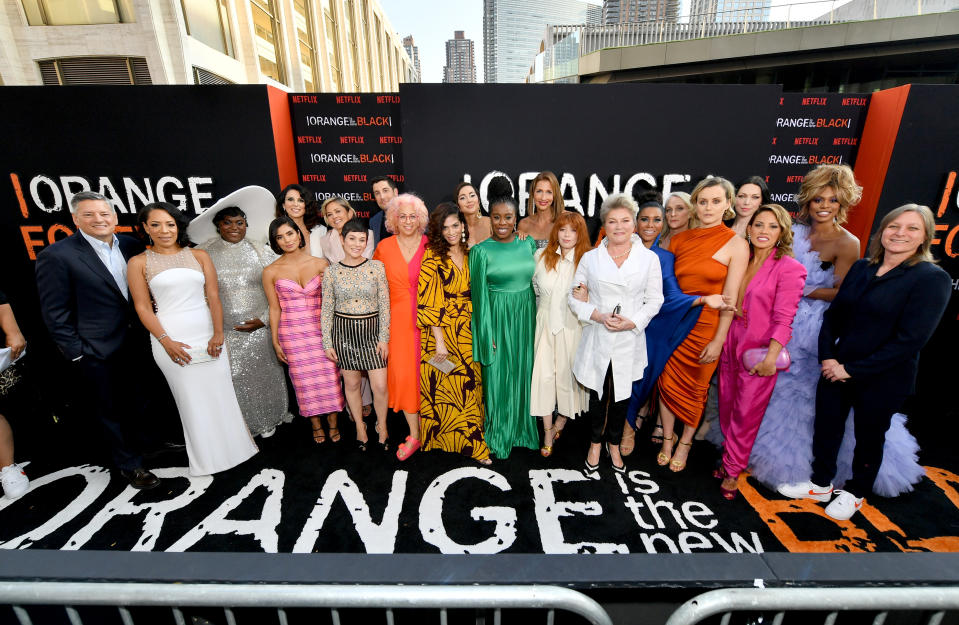 NEW YORK, NEW YORK - JULY 25: The cast including Selenis Leyva, Danielle Brooks, Diane Guerrero, Beth Dover, Jason Biggs, Jackie Cruz, Uzo Aduba, Alysia Reiner, Natasha Lyonne, Jessica Pimentel, Taylor Schilling, Laura Prepon, and Laverne Cox attend the Orange is the New Black Season 7, World Premiere Screening and Afterparty 2019 on July 25, 2019 in New York City. (Photo by Dia Dipasupil/Getty Images for Netflix)