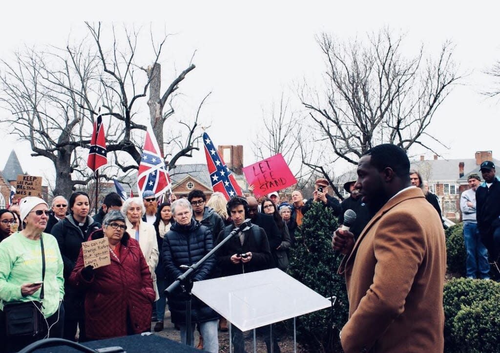 Charlottesville, Virginia City Councilman Dr. Wes Bellamy addresses protesters in support of Confederate monuments in 2016. (Photo: Faceoook)