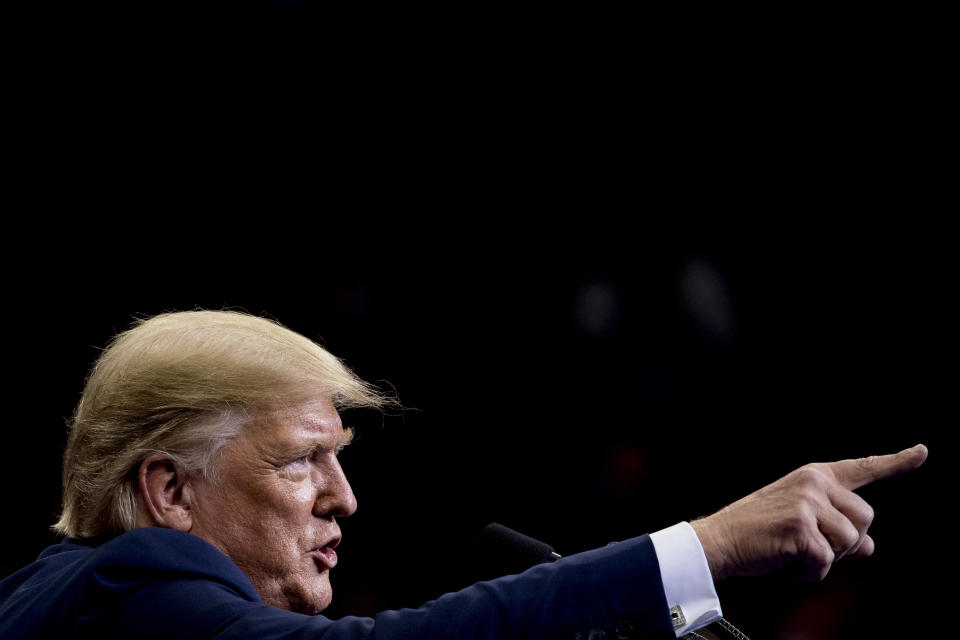 President Donald Trump speaks at a campaign rally at American Airlines Arena in Dallas, Texas, Thursday, Oct. 17, 2019. (AP Photo/Andrew Harnik)