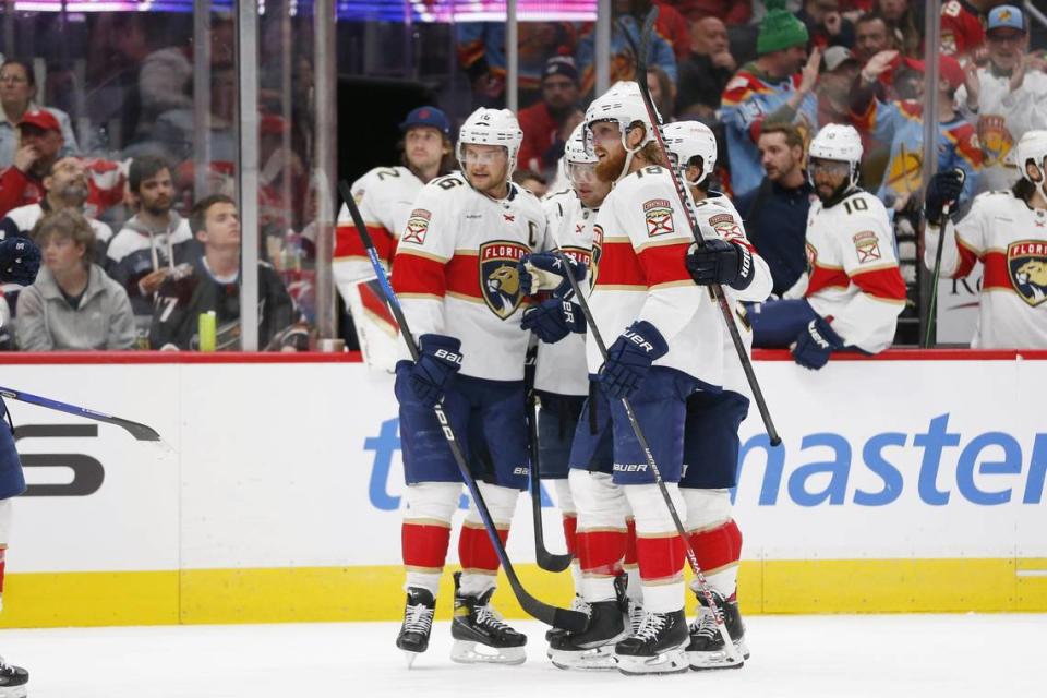 Apr 8, 2023; Washington, District of Columbia, USA; Florida Panthers center Carter Verhaeghe (23) celebrates with teammates after scoring a goal against the Washington Capitals during the first period at Capital One Arena. Mandatory Credit: Amber Searls-USA TODAY Sports