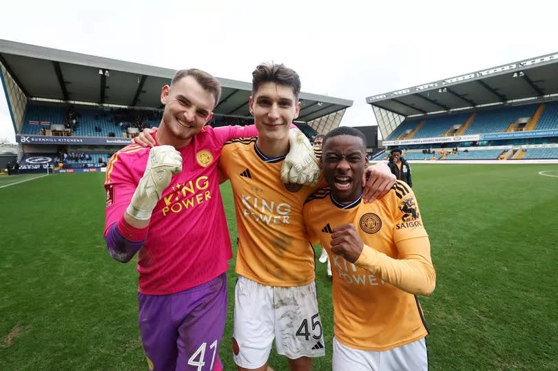 Tawanda Maswanhise celebrates his Leicester City debut and their 3-2 FA Cup win over Millwall with Jakub Stolarczyk and Ben Nelson