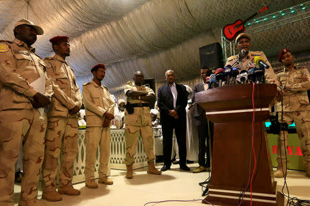 General Mohamed Hamdan Dagalo, head of the Rapid Support Forces (RSF) and deputy head of the Transitional Military Council (TMC) delivers an address after the Ramadan prayers and Iftar organized by Sultan of Darfur Ahmed Hussain in Khartoum, Sudan May 18, 2019. REUTERS/Mohamed Nureldin Abdallah