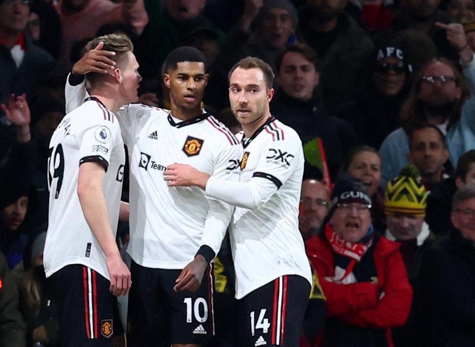 Manchester United celebrate Marcus Rashford’s opening goal (Reuters)