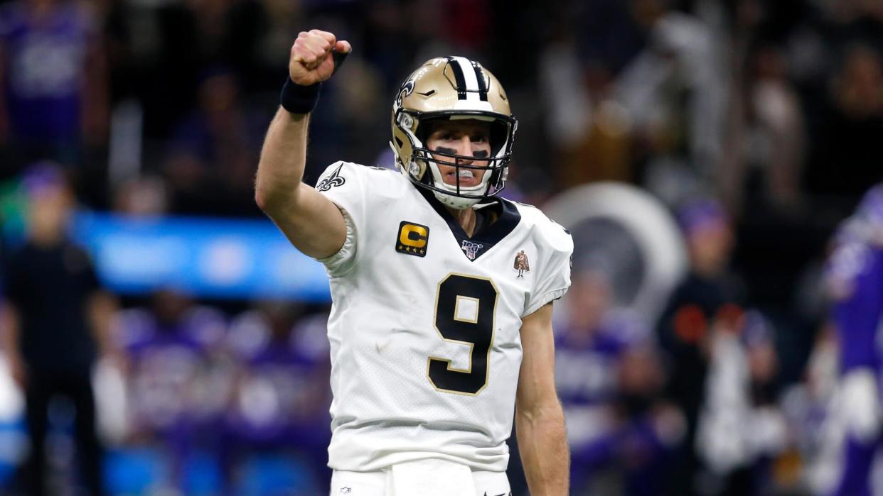 New Orleans Saints quarterback Drew Brees (9) celebrates after throwing a touchdown pass to Taysom Hill in the second half of an NFL wild-card playoff football game against the Minnesota Vikings, in New OrleansVikings Saints Football, New Orleans, USA - 05 Jan 2020.