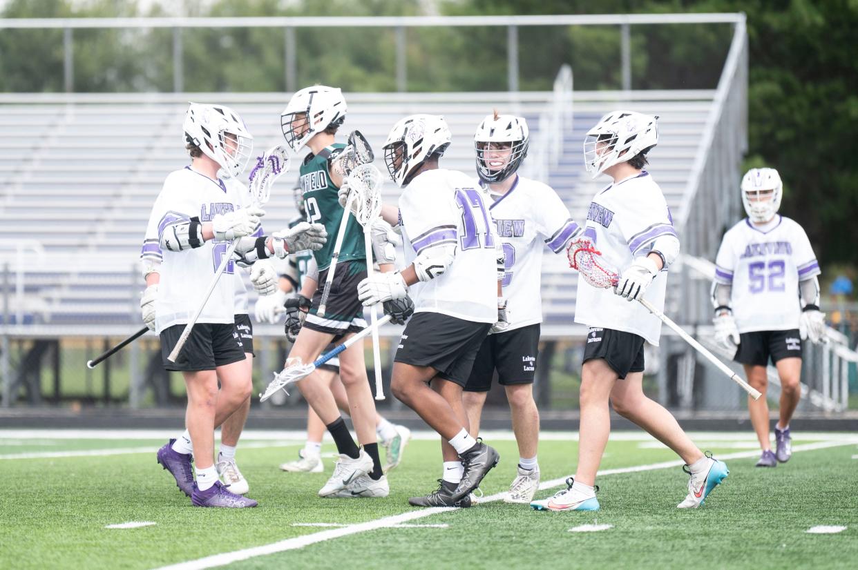 Lakeview players celebrate a goal during an All-City tournament game against Pennfield at Lakeview High School on Friday, April 26, 2024.
