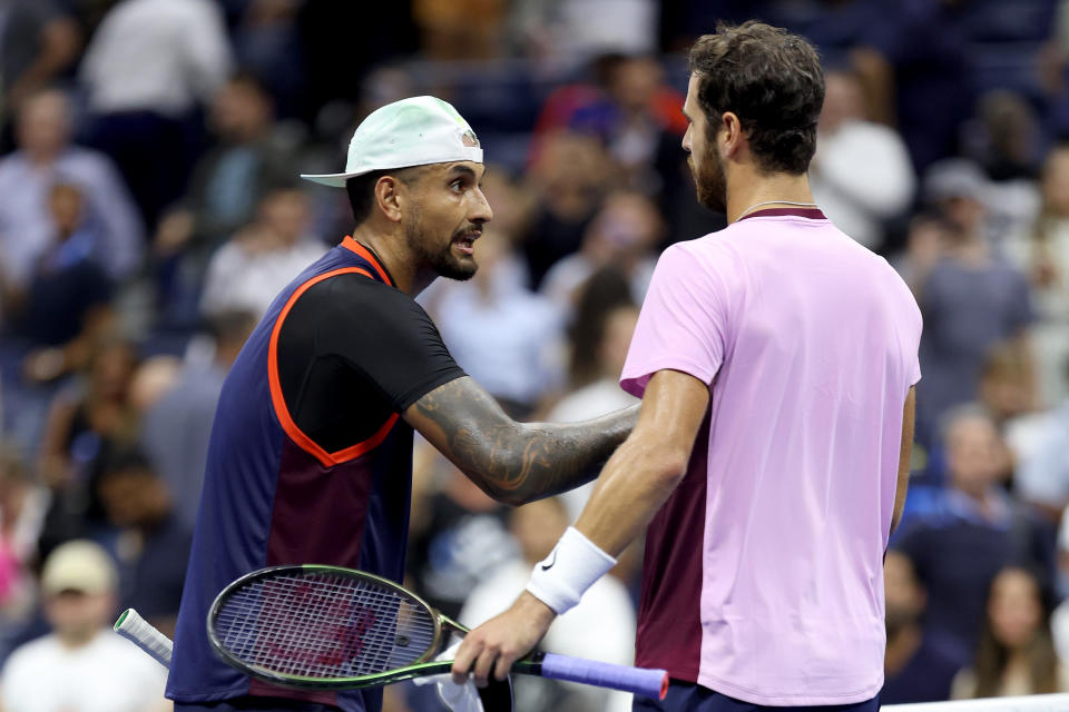 Nick Kyrgios, pictured here shaking hands with Karen Khachanov after their clash at the US Open.