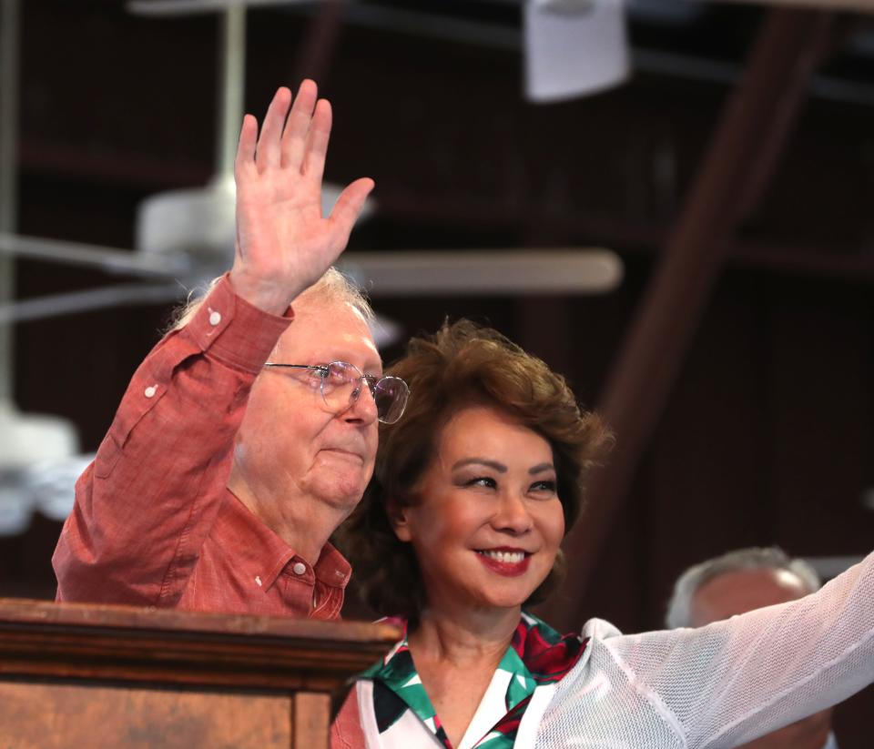 U.S. Senate Leader Mitch McConnell and Elaine Chao, his wife, said goodbye at Fancy Farm 2023.Aug. 05, 2023 