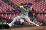 Philadelphia Phillies relief pitcher Matt Strahm throws during the seventh inning of a baseball game against the St. Louis Cardinals Wednesday, April 10, 2024, in St. Louis. (AP Photo/Jeff Roberson)