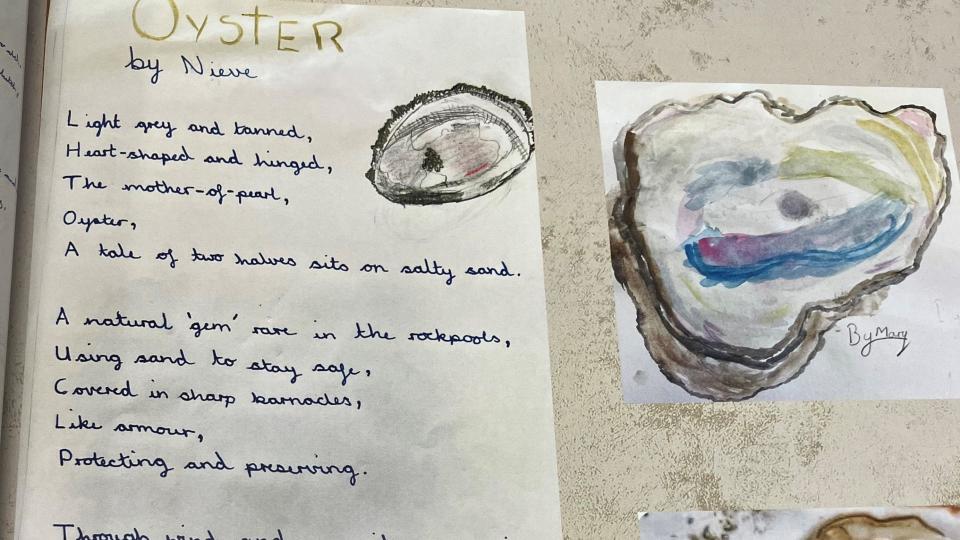 Handwritten poem titled 'oyster' along with paintings of an oyster