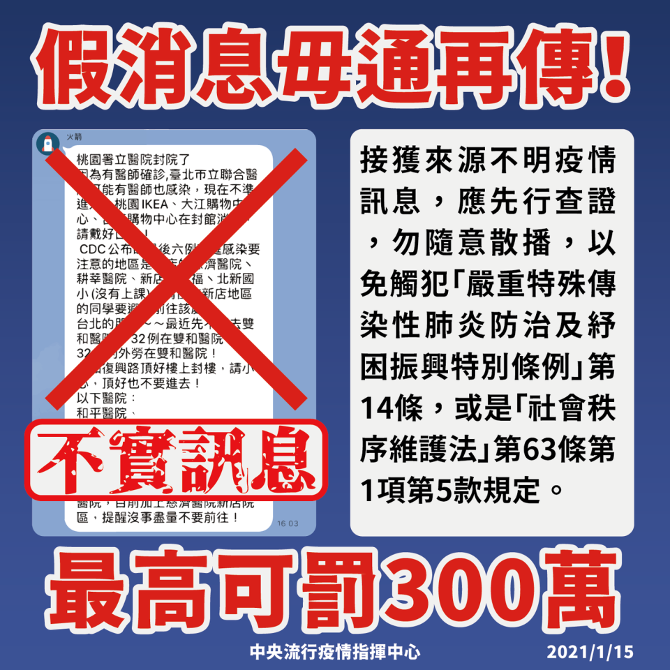 指揮中心提醒，收到疫情假消息請勿轉傳。   圖：中央流行疫情指揮中心／提供