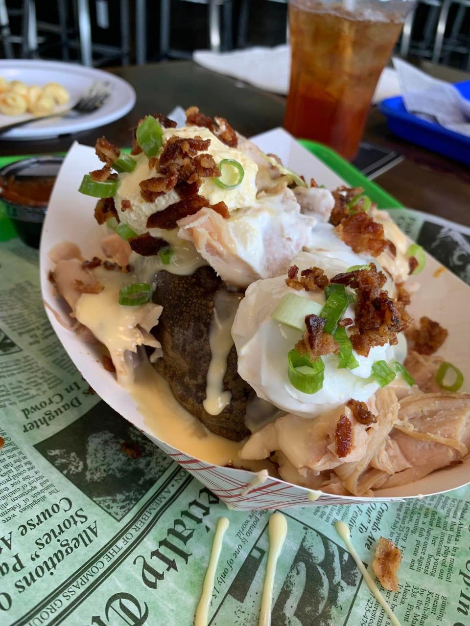 Add brined smoked turkey to a loaded potato Big Daddy J's 5 Great Things Watering Station and Restaurant in Cocoa Beach for a meal big enough for two.
