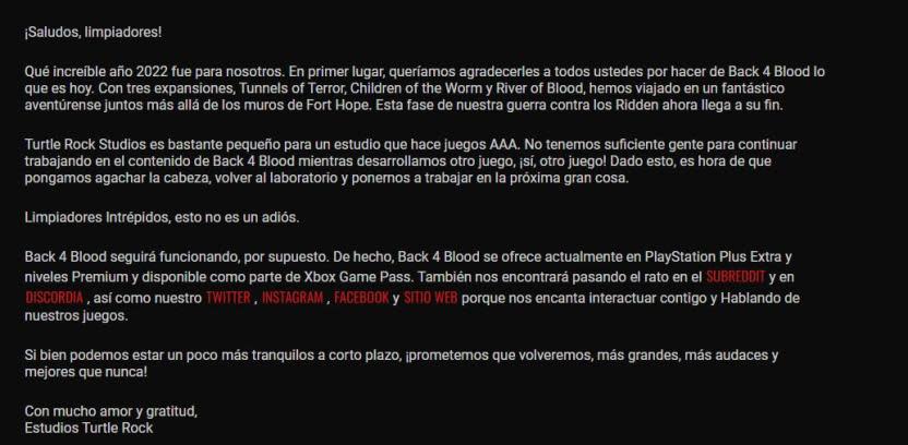 Comunicado oficial de Turtle Rock Studios (traducido)