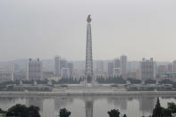 <p>The Juche tower and Taedong river are seen on a hazy morning from the Grand People’s Study House,July 24, 2017, in Pyongyang, North Korea. (Photo: Wong Maye-E/AP) </p>