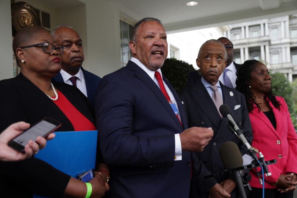 Civil rights leader Marc Morial of the National Urban League speaks as (L-R) Melanie Campbell of the National Coalition for Black Civic Participation, Wade Henderson of the Leadership Conference for Civil & Human Rights, Johnnetta B. Cole of the National Council of Negro Women, the Rev. Al Sharpton of the National Action Network and Sherrilyn Ifill of the NAACP Legal Defense Fund listen at a briefing outside the West Wing of the White House following a meeting with President Joe Biden and Vice President Kamala Harris July 8, 2021 in Washington, DC. (Photo by Alex Wong/Getty Images)