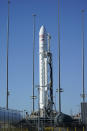 Northrup Grumman's Antares rocket is poised for launch at the NASA Wallops test flight facility Thursday, Oct. 1, 2020, in Wallops Island, Va. The rocket is set to launch Thursday evening to deliver supplies to the International Space Station (AP Photo/Steve Helber)