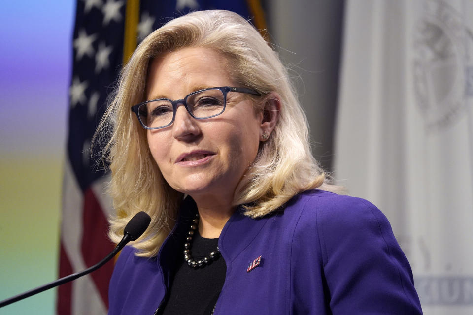 FILE - Rep. Liz Cheney, R-Wyo., speaks during the Nackey S. Loeb School of Communications' 18th First Amendment Awards at the NH Institute of Politics at Saint Anselm College in Manchester, N.H., on Nov. 9, 2021. (AP Photo/Mary Schwalm, File)