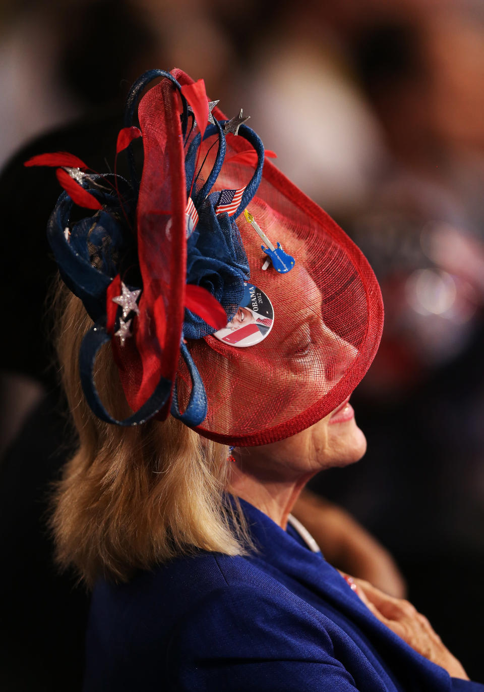 A woman wears a patriotic hat during day two of the Democratic National Convention at Time Warner Cable Arena on September 5, 2012 in Charlotte, North Carolina. (Photo by Streeter Lecka/Getty Images)