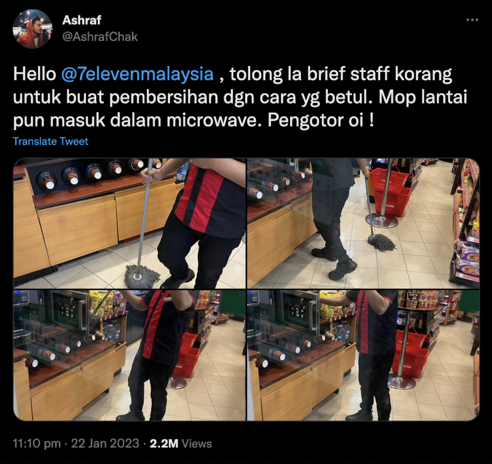 Tweet by @AshrafChak with four photos of 7-Eleven employee using floor mop to clean microwave