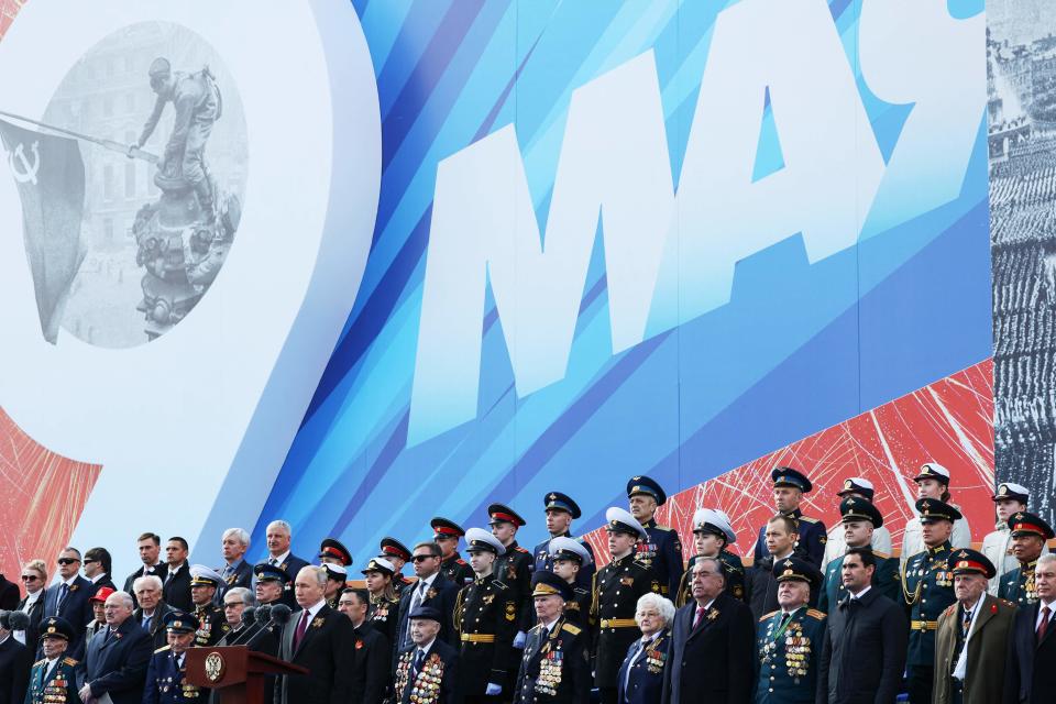 Russian President Vladimir Putin gives a speech during the Victory Day military parade at Red Square in central Moscow on May 9, 2023.