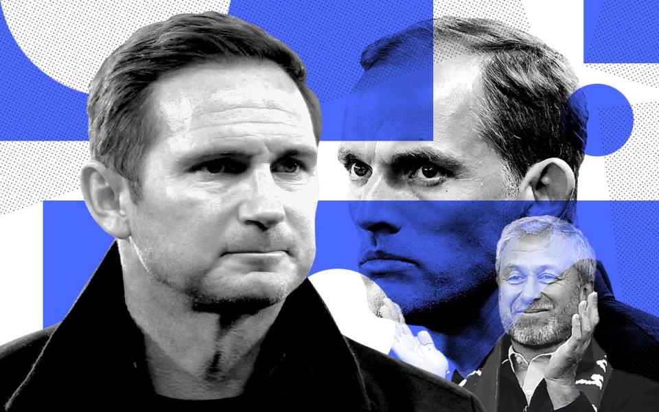 A composite image of Frank Lampard, Thomas Tuchel and Roman Abramovich coloured in blue