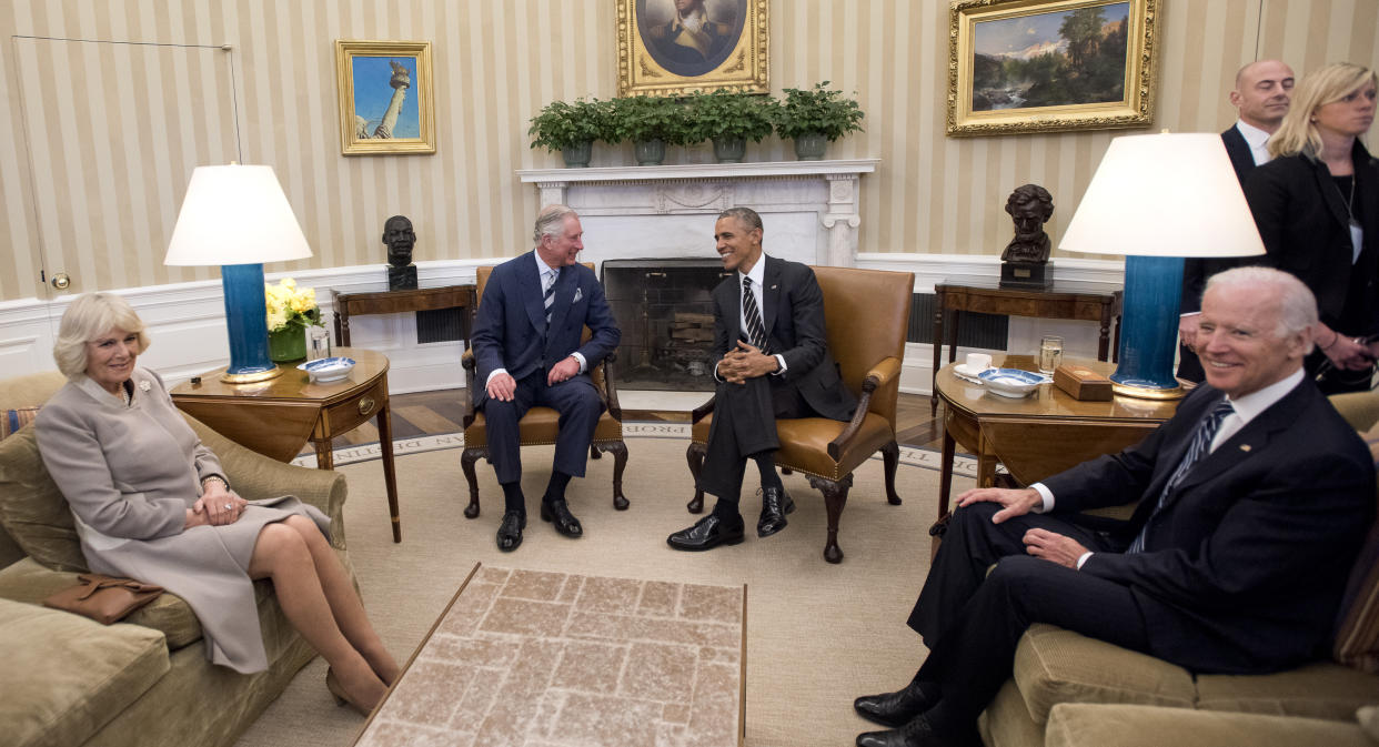 WASHINGTON, DC - MARCH 19:  United States President Barack Obama, right center, hosts Their Royal Highnesses Prince Charles, Prince of Wales, left center, and Camilla, Duchess of Cornwall, left, with Vice President Joe Biden, right, for a meeting in the Oval Office of the White House on March 19, 2015 in Washington, D.C.  (Photo by Ron Sachs-Pool/Getty Images)