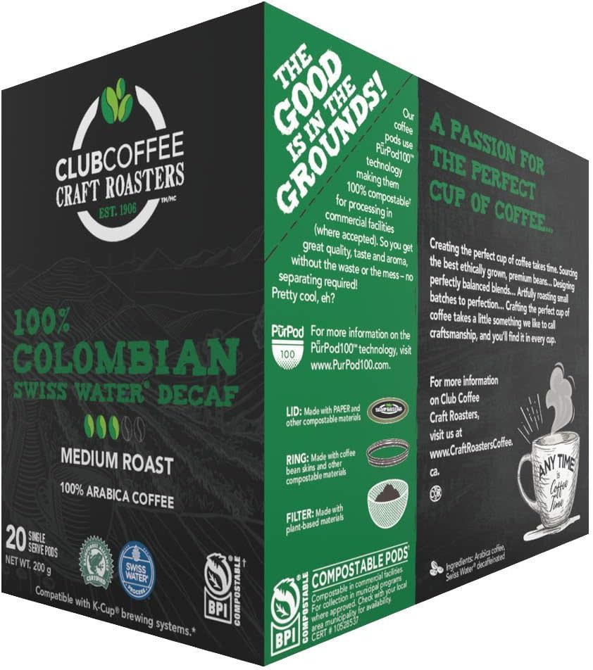 Club Coffee Craft Roasters 100% Colombian Swiss Water Decaf K-Cup Pods. Image via Amazon.